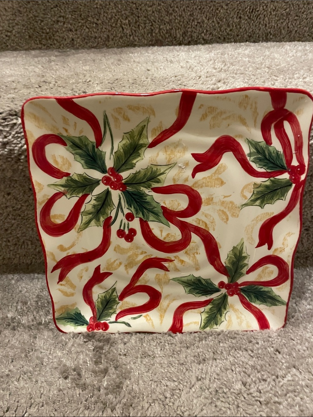 Festive Holly & Ribbon Ceramic Holiday Platter - Red & Green